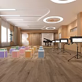 Kindergarten Music Room Interior With Wooden Walls Colorful Stools Piano And Music Stands