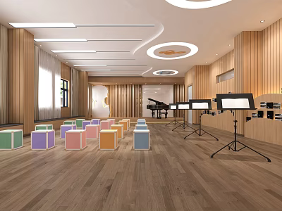 Kindergarten Music Room Interior With Wooden Walls Colorful Stools Piano And Music Stands 3d model