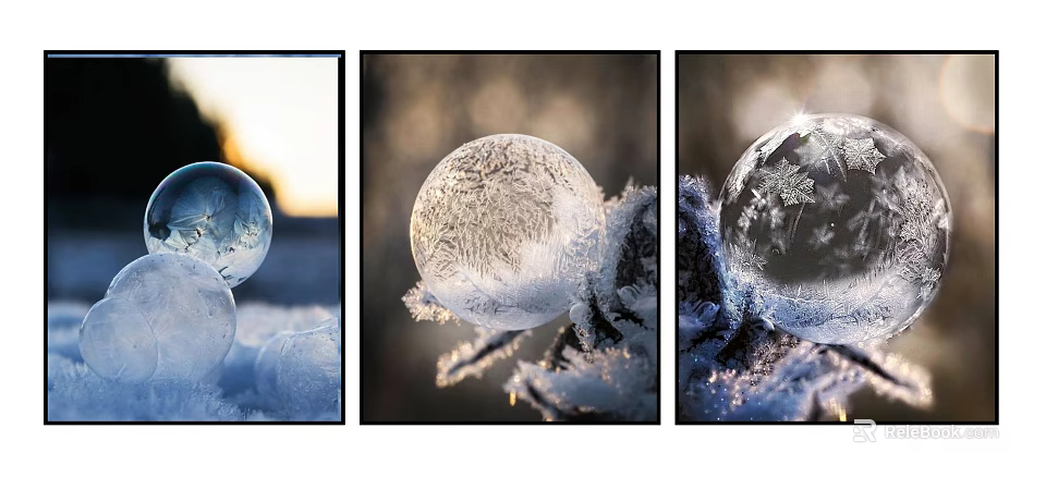 Three Panel Ice Crystal Ball Wall Art with Frost Patterns on Snowy Branches Sunset Glow 3d model 