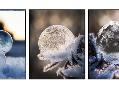 Three Panel Ice Crystal Ball Wall Art with Frost Patterns on Snowy Branches Sunset Glow 3d model