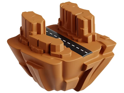 Garden Landscape Rockery With Brown Rock Formation And Black Road With White Dashed Lines 3d model