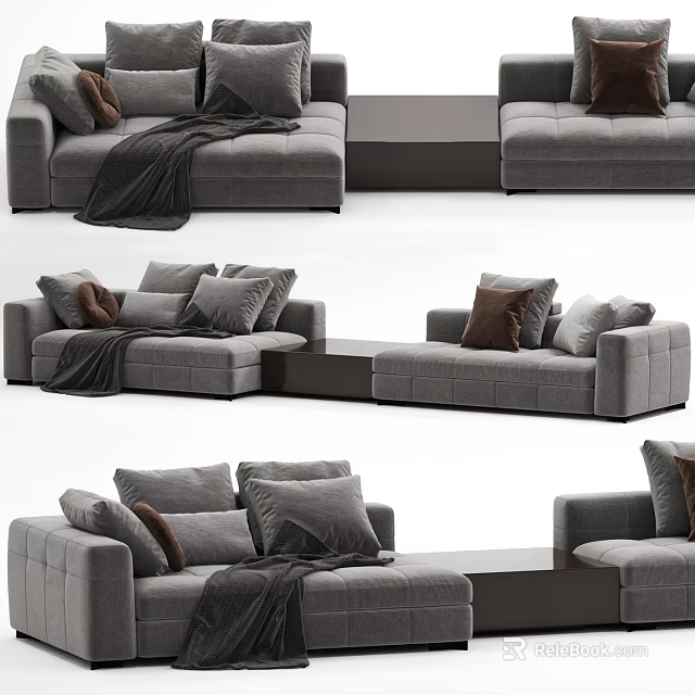 Modern Gray Sectional Sofa With Plush Pillows Soft Blanket And Coffee Table 3d model