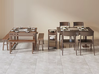 Modern Wooden Dining Table And Chair Set With Bench And Tableware 3d model