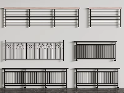 Various Styles of Black Metal Railings With Horizontal Bars And Decorative Patterns 3d model