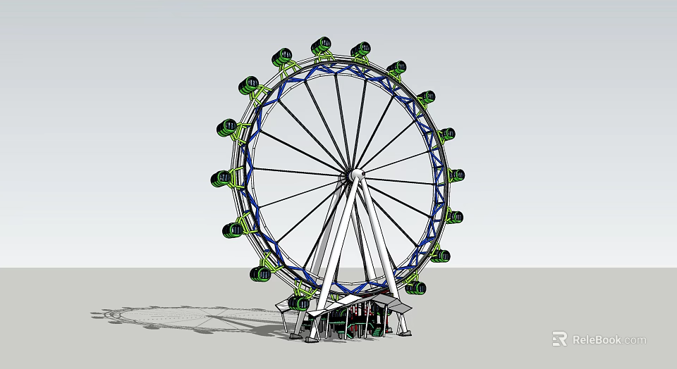Ferris Wheel Amusement Park Entertainment Ride With Green Cabins Blue Rim And White Supports 3d model 