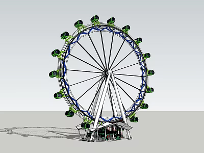 Ferris Wheel Amusement Park Entertainment Ride With Green Cabins Blue Rim And White Supports 3d model