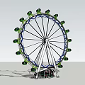 Ferris Wheel Amusement Park Entertainment Ride With Green Cabins Blue Rim And White Supports