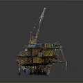 Offshore Oil Drilling Platform With Tall Crane Equipment Cabins Support Legs And Orange Equipment