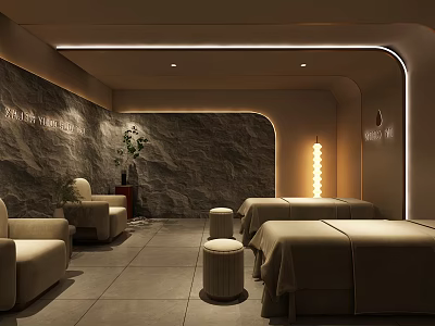 Modern SPA Sauna Interior With Stone Wall Massage Beds Cozy Sofa And Warm Lighting 3d model