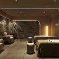 Modern SPA Sauna Interior With Stone Wall Massage Beds Cozy Sofa And Warm Lighting