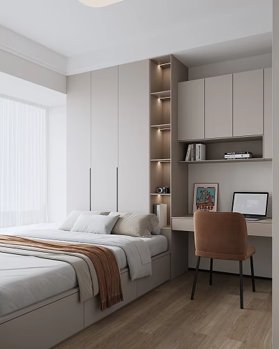 Modern Tatami Bedroom Interior With Built in Storage Cabinets Desk Chair And Decorative Painting 3d model