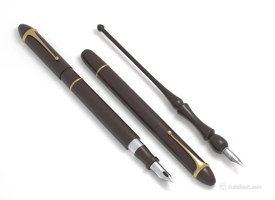 Two Premium Brown Fountain Pens With Gold Accents Shiny Nib And Classic Design 3d model 