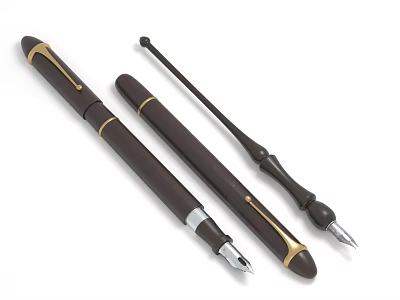 Two Premium Brown Fountain Pens With Gold Accents Shiny Nib And Classic Design 3d model