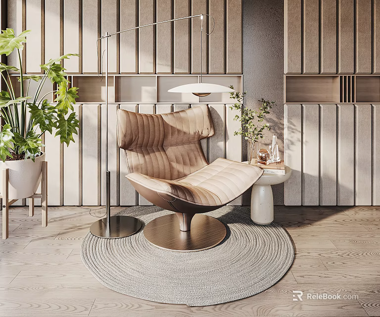 Modern Wooden Leisure Chair In Cozy Space With Floor Lamp Green Plants And Side Table 3d model 