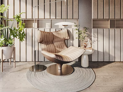 Modern Wooden Leisure Chair In Cozy Space With Floor Lamp Green Plants And Side Table 3d model
