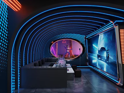 KTV Lounge With Neon Lights Curved Design Large Screen Sofa Microphone Stage And Tech Vibe 3d model