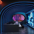 KTV Lounge With Neon Lights Curved Design Large Screen Sofa Microphone Stage And Tech Vibe