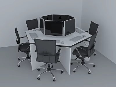 Hexagonal Office Desk Workstation With Ergonomic Chairs And Computer Monitors 3d model