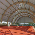 Indoor Sports Fitness Gymnasium Featuring Wooden Arched Roof Green Blue Flooring And Exercising People