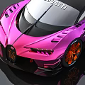 Bugatti Sports Car With Pink and Black Exterior Orange Wheels and Rear Wing