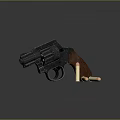 Vintage Revolver Handgun With Wooden Grip And Brass Ammunition Bullets
