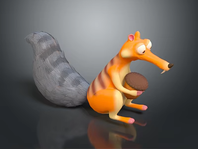 Cartoon Animal Character 3D Model With Orange Striped Body Gray Bushy Tail Holding Brown Nut 3d model