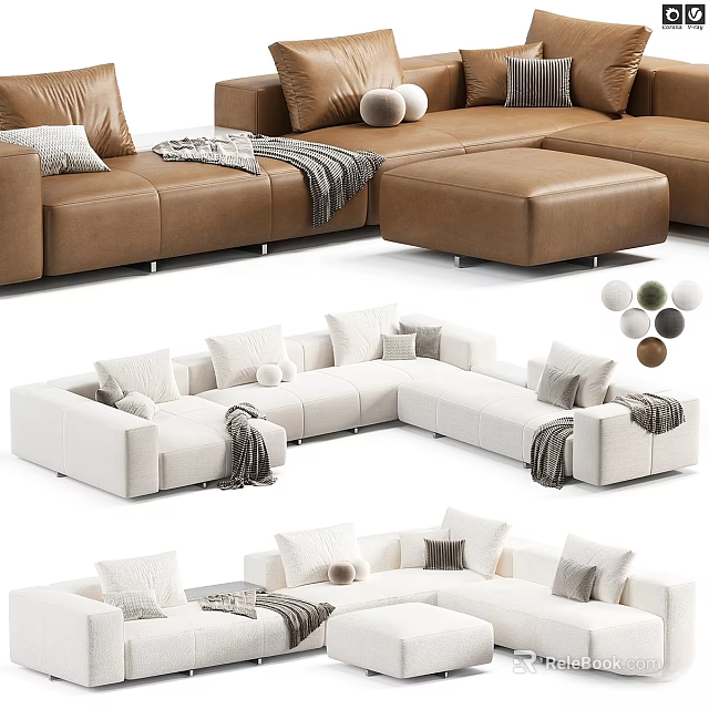 Modern Sectional Sofa Set In Brown And White With Decorative Pillows And Throw Blankets 3d model 