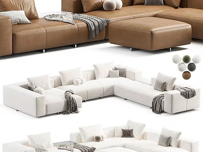 Modern Sectional Sofa Set In Brown And White With Decorative Pillows And Throw Blankets 3d model