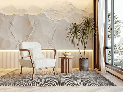 Single Sofa In Modern Interior With Marble Wall Potted Plant Small Table And Window View 3d model