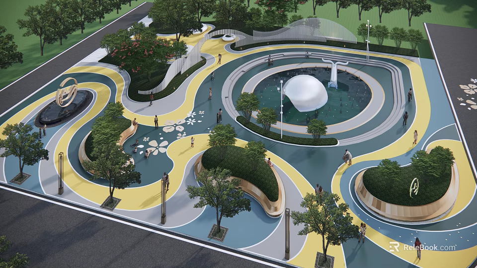 Modern Park Landscape Design With Curved Pathways Colorful Ground Water Pond And Green Trees 3d model 