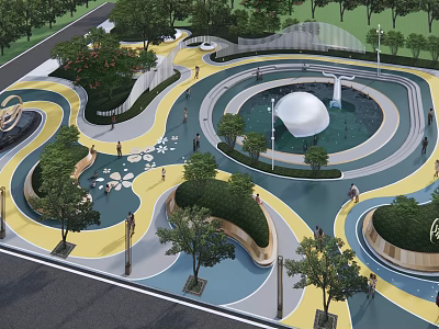 Modern Park Landscape Design With Curved Pathways Colorful Ground Water Pond And Green Trees 3d model