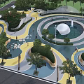 Modern Park Landscape Design With Curved Pathways Colorful Ground Water Pond And Green Trees