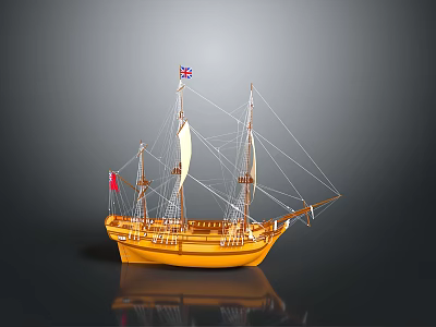 Detailed Yellow Model Ship With Masts Sails And British Flag 3d model