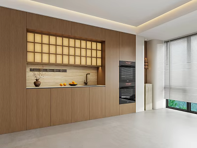 Modern Wooden Kitchen Sideboard With Storage And Decorative Grid Design Oven 3d model
