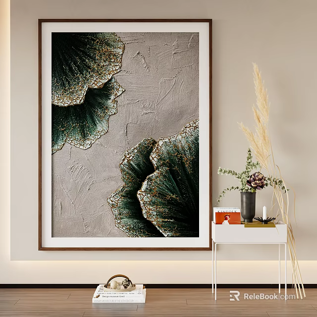 Interior Decor With Green Gold Leaf Painting Gray Background White Side Table And Dried Plants 3d model 