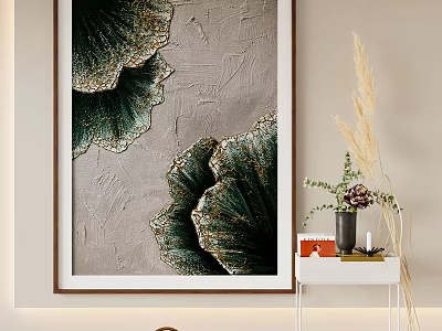 Interior Decor With Green Gold Leaf Painting Gray Background White Side Table And Dried Plants 3d model