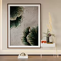Interior Decor With Green Gold Leaf Painting Gray Background White Side Table And Dried Plants