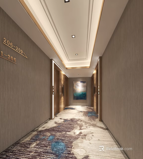 Modern Elevator Hallway With Room Number Signs Ceiling Lights Carpet And Decorative Painting 3d model 