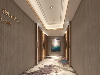 Modern Elevator Hallway With Room Number Signs Ceiling Lights Carpet And Decorative Painting 3d model