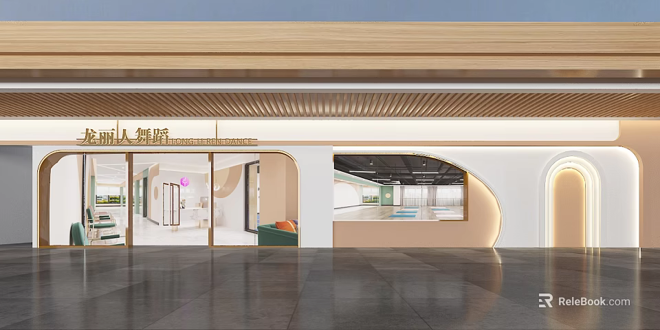 Modern Mall Store Entrance With Glass Door Wooden Ceiling Lighting And Minimalist Design 3d model 