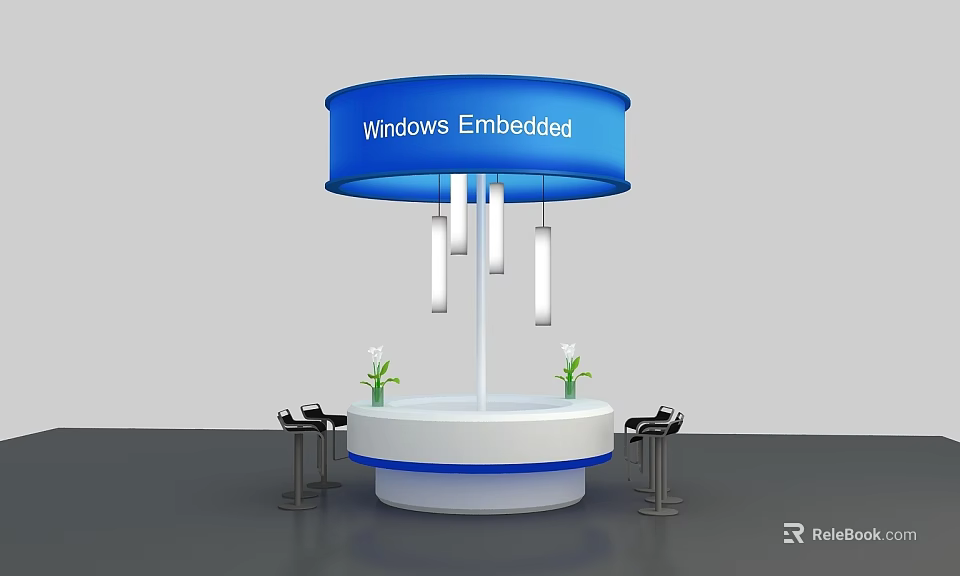 Round Blue Exhibition Counter With White Top Black Chairs And Green Plants For Windows Embedded 3d model 