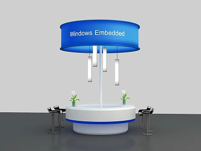 Round Blue Exhibition Counter With White Top Black Chairs And Green Plants For Windows Embedded 3d model