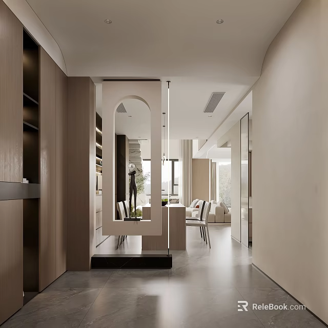 Modern Foyer Hallway Interior With Wooden Cabinets And Arch Feature 3d model 