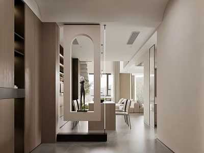 Modern Foyer Hallway Interior With Wooden Cabinets And Arch Feature 3d model