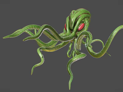 Green Octopus Like Creature With Red Eyes And Curled Tentacles 3D Render 3d model
