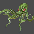Green Octopus Like Creature With Red Eyes And Curled Tentacles 3D Render 3d model