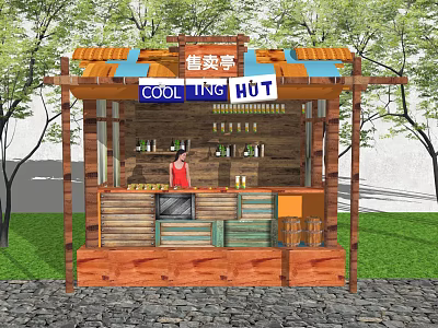 Outdoor Cooling Hut Kiosk With Orange Blue Roof Wooden Structure And Grass 3d model