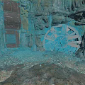 Industrial Cave Interior With Rock Walls Mechanical Wheel And Gravel Floor