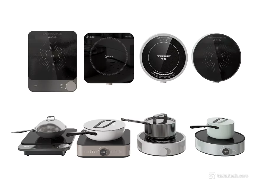 Assorted Modern Kitchen Appliances Featuring Countertop Electric Cooktops And Pots 3d model 
