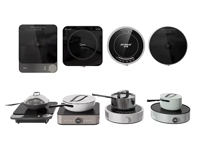 Assorted Modern Kitchen Appliances Featuring Countertop Electric Cooktops And Pots 3d model